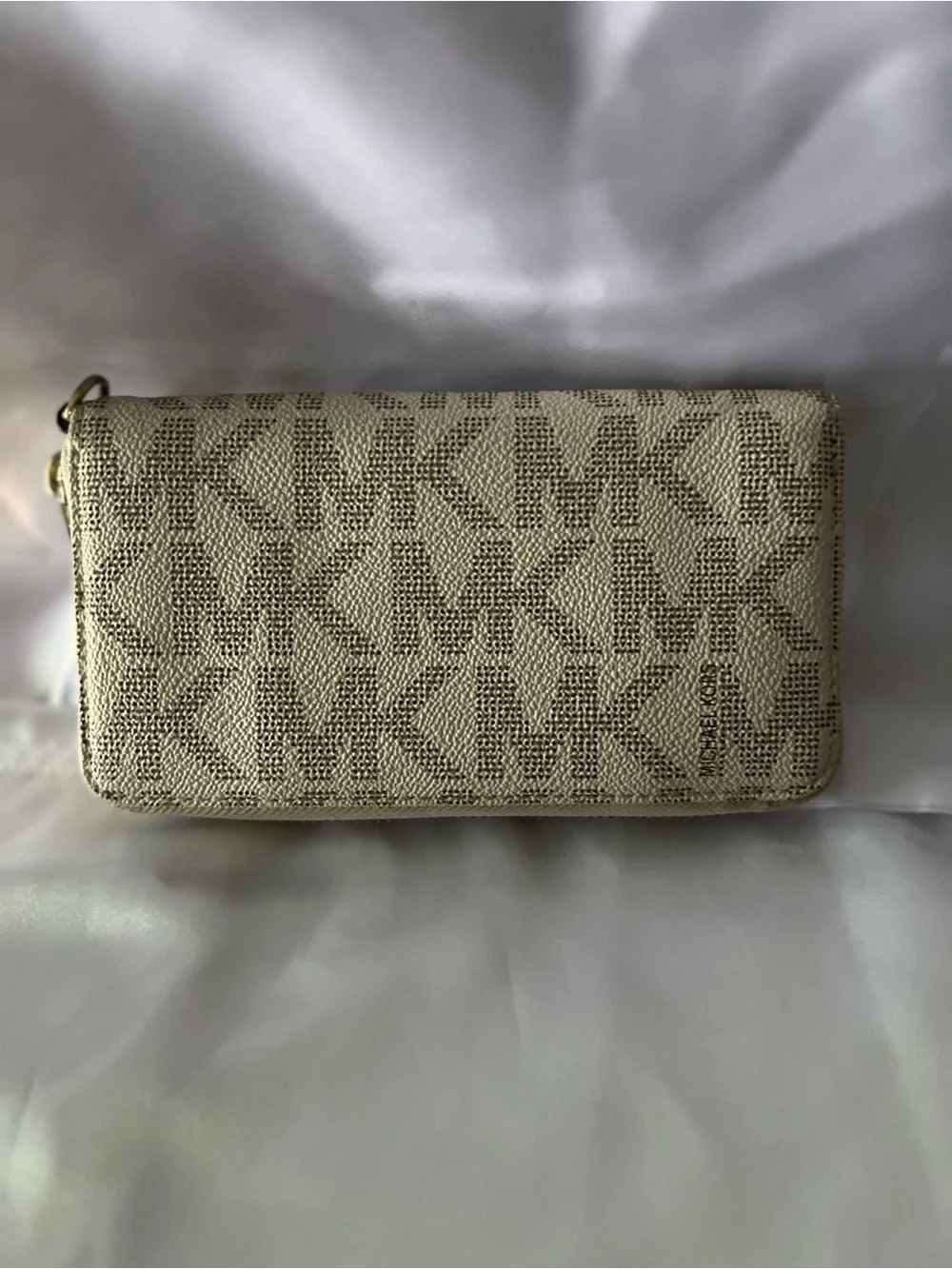 Michael Kors Tan Signature MK Zip Around Wallet with Gold Plaque